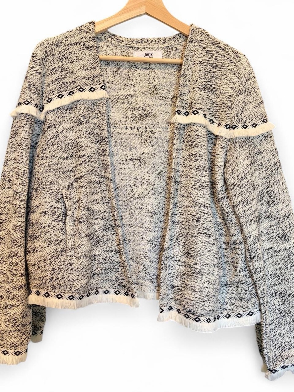 Jack by BB Dakota Black & White Marled Open-Front Fringe Cardigan Large - Picture 2 of 9